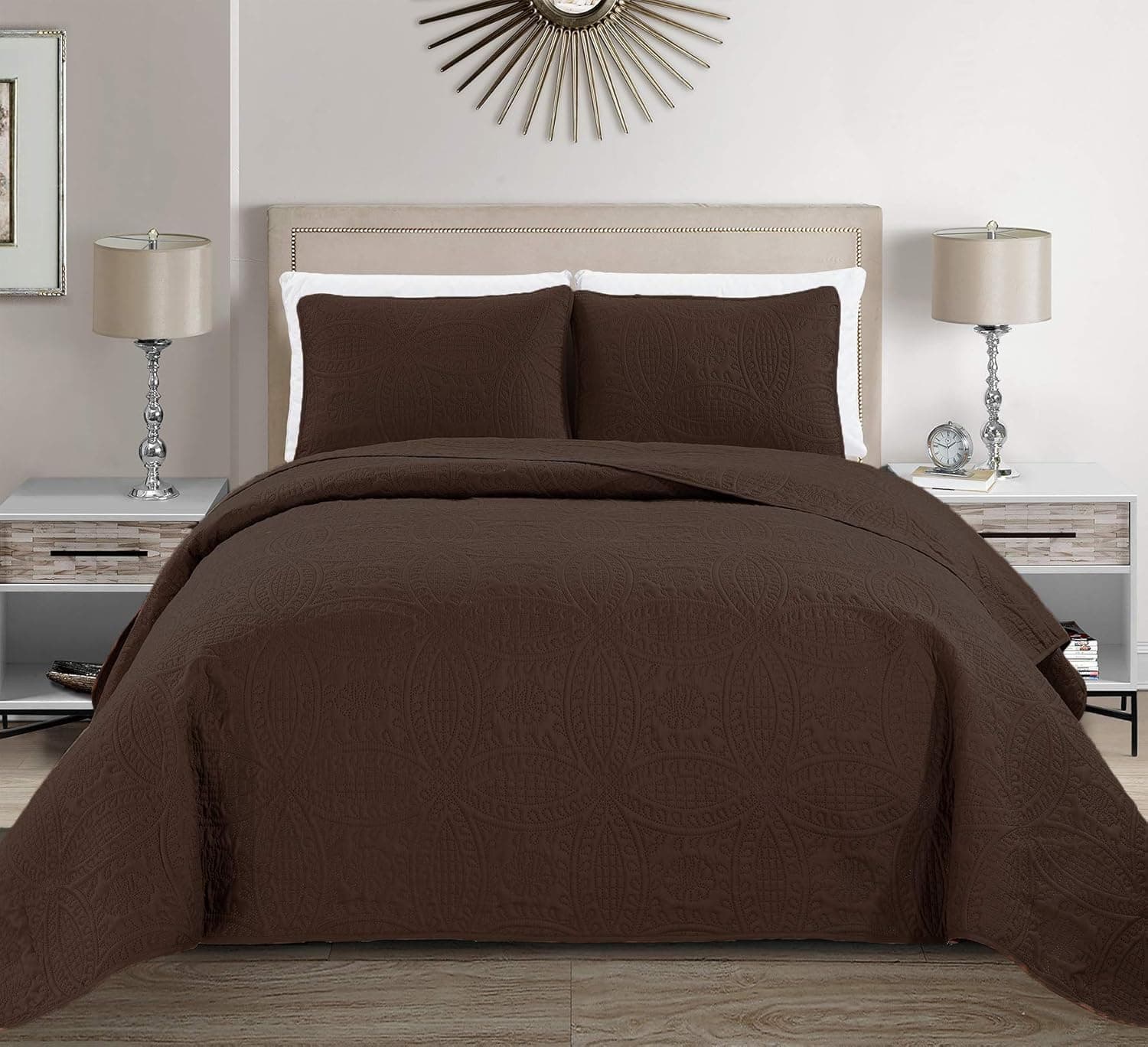 Fancy Collection 3pc King/California King Embossed Oversized Coverlet Bedspread Set Solid Coffee/Dark Brown New