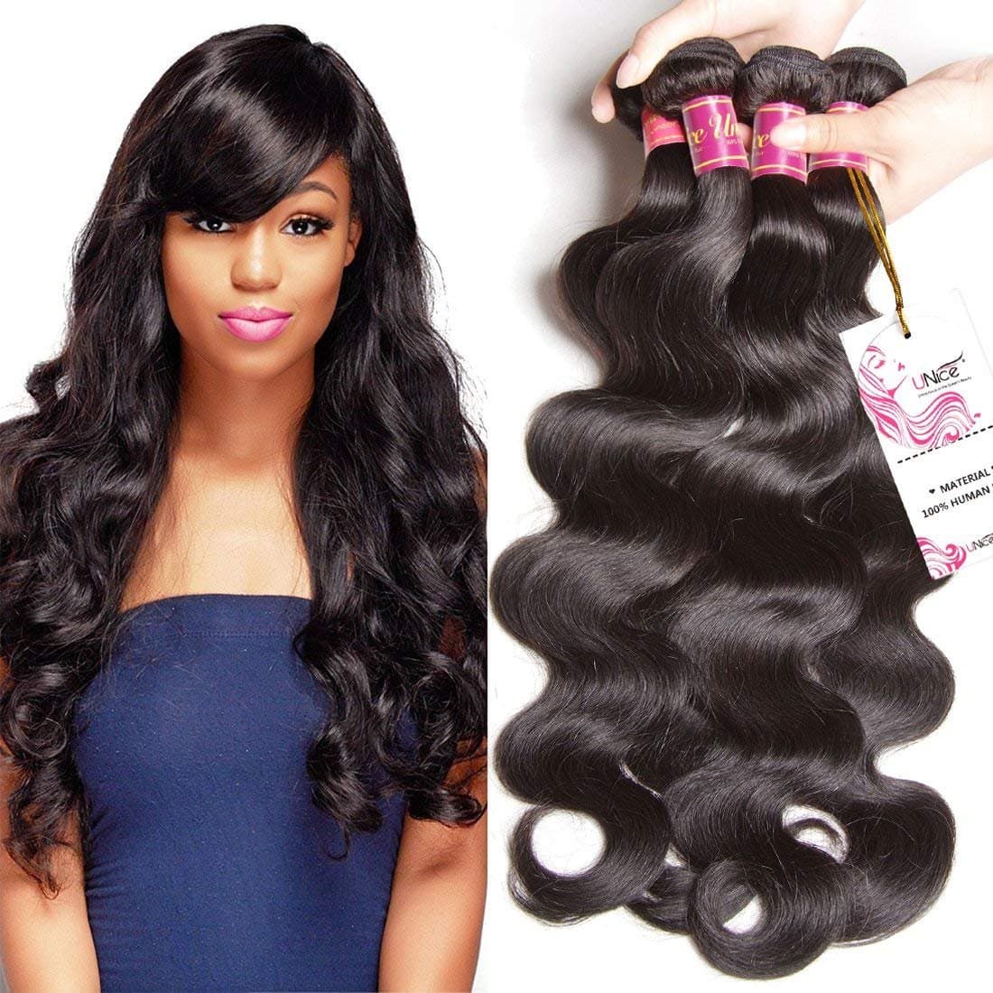 UNice Hair Icenu Series 10A Brazilian Body Wave Virgin Hair 3 Bundles 100% Human Hair Weave Extensions Natural Color 95-100g/piece (10 12 14)