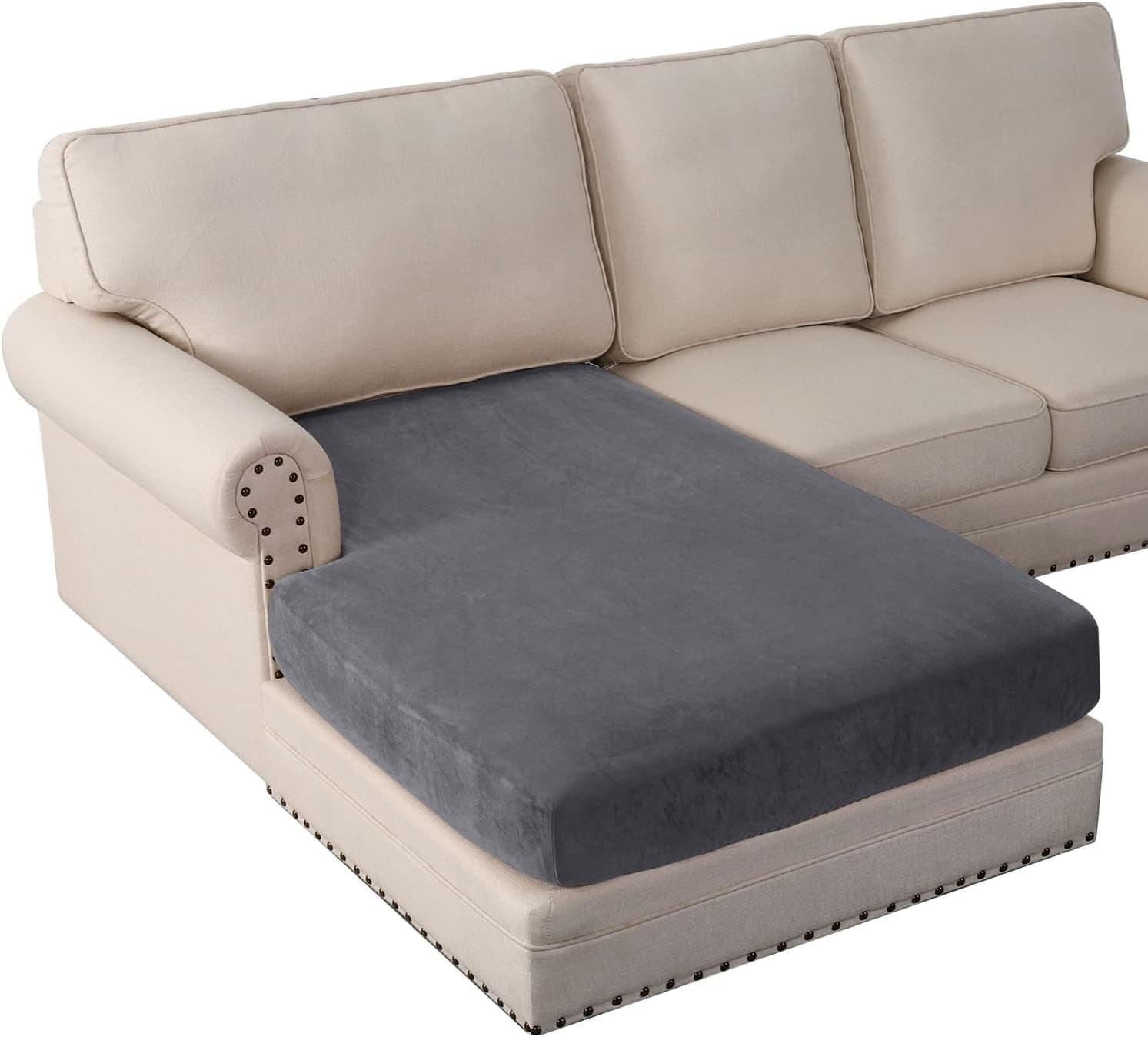 1 Piece Sectional Couch Covers for Sectional Sofa L Shape Velvet Separate Cushion Couch Chaise Cover Elastic Furniture Protector for Both Left/Right Sectional Couch Chaise Cover Only, Grey