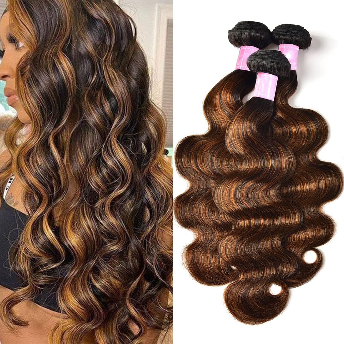 Sunber 12A Ombre Body Wave Human Hair 3 Bundles 100% Brazilian Virgin Human Hair Extensions Brown Highlight Body Wavy Weaves (14 16 18) Inch Piano Color Two Tone FB30 Color