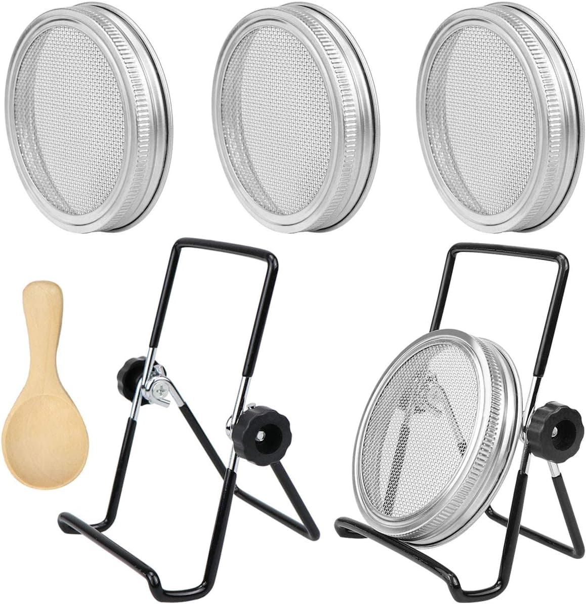 Homgaty 4 Pack 304 Stainless Steel Sprouting Jar Lid with 2 Pack Sprouting Stands Compatible with Wide Mouth Mason Jars for Sprout growing, Free Gift with A Little Spoon