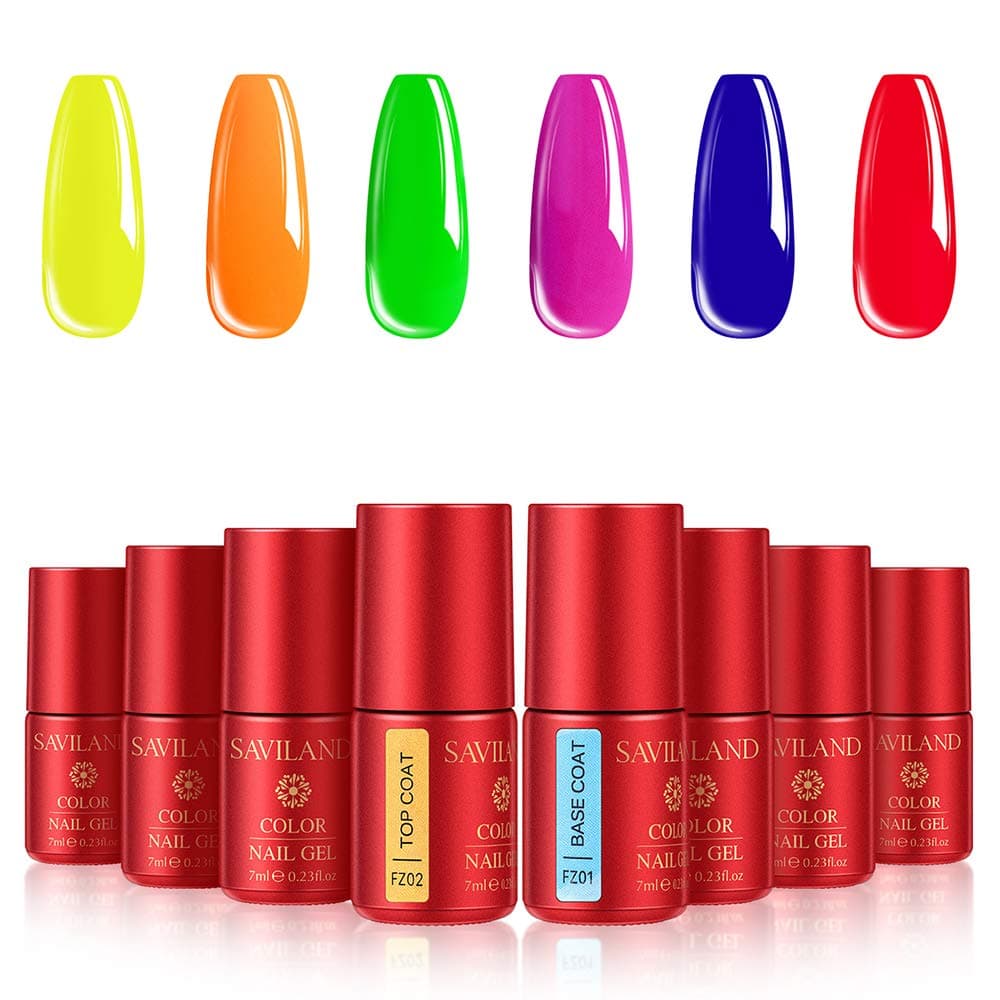 Saviland Gel Nail Polish Set, Neon Gel Nail 6 Colors Green Red Orange Yellow Purple Blue Soak Off UV LED Nail Polish Starter Kit with Base and Top Coat, 7ml Each Bottle Christmas Gift Set