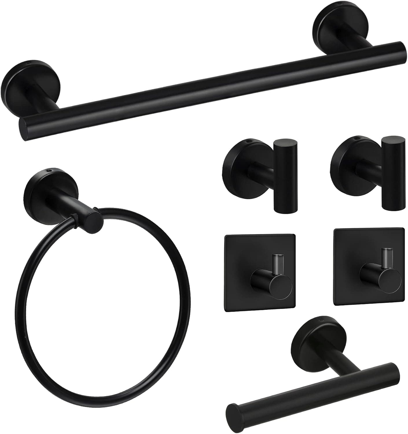 Bathroom Hardware Set, 7 Piece Towel Bar Set Black Bathroom Accessories 16'' Towel Rack, Toilet Paper Holder, Towel Ring, 4 Towel Hook