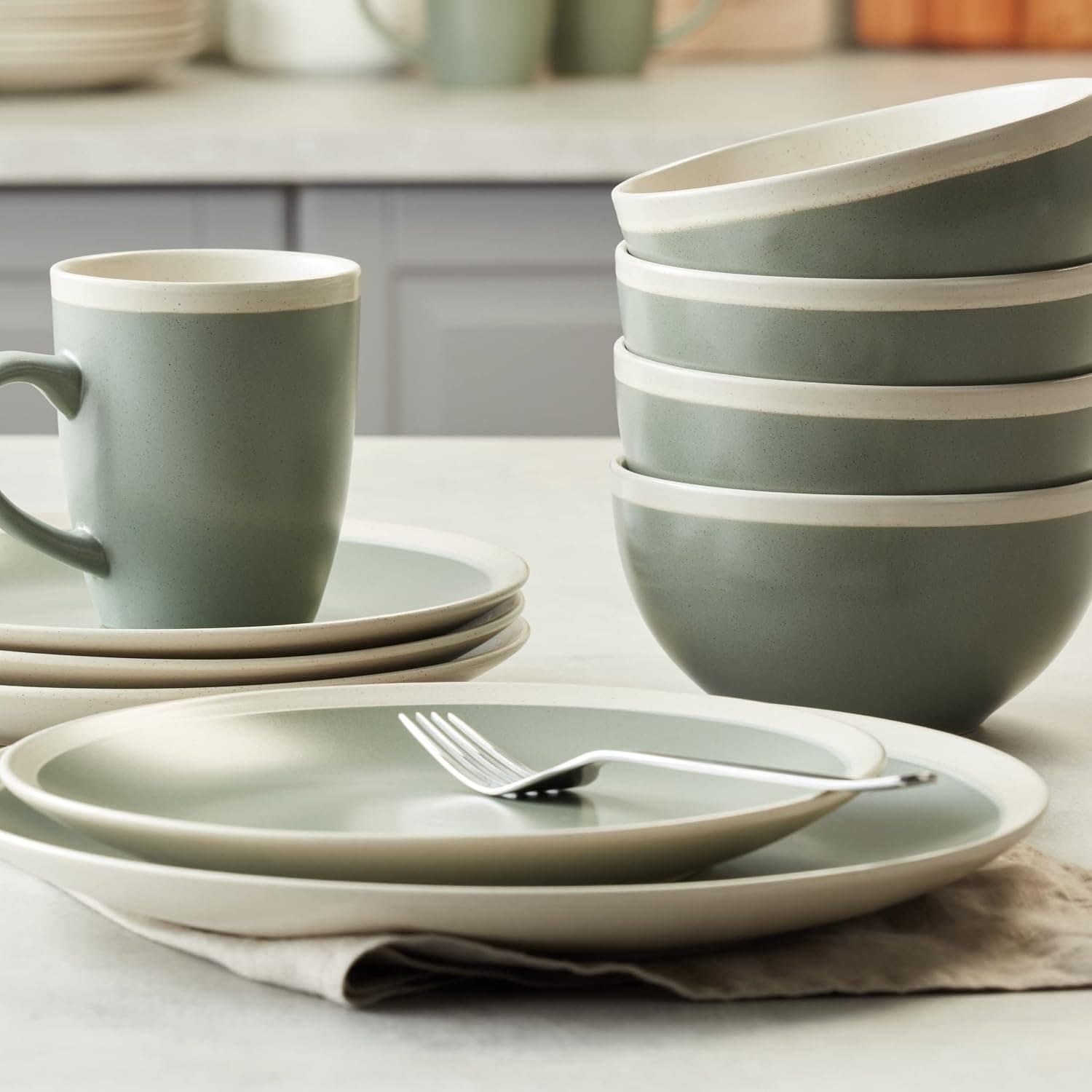 Stone Lain 16-Piece Stoneware Dinnerware, 2-Tone, Speckles, Green and Cream, 16 Piece Set