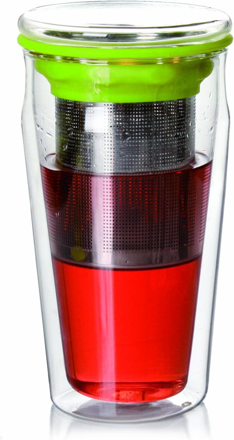 Eco Tumbler Double Wall Glass with Stainless Steel Strainer, 15-Ounce