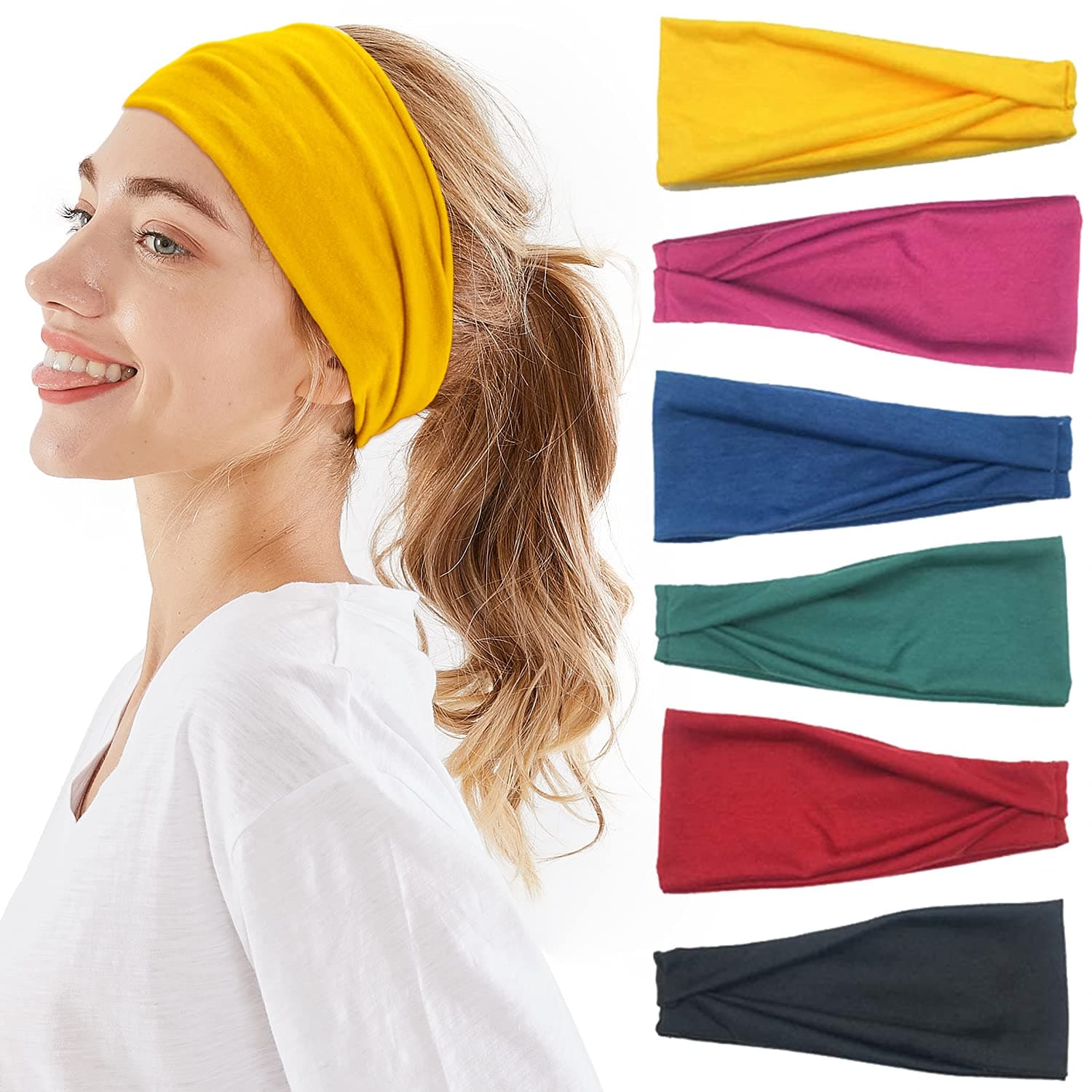 Headbands for Women, 6 PCS Wide Boho Headbands Elastic Bandana Non Slip Sweat Fashion Large Headwraps Hair Bands Headwear fit All Head Sizes for Workout,Sports,Running,Yoga