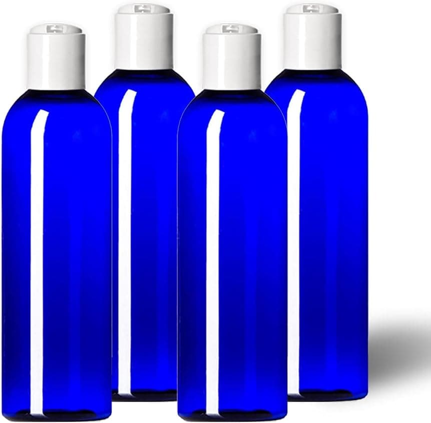 MoYo Natural Labs 8 oz Travel Bottles, Empty Travel Containers with Disc Caps, BPA Free PET Plastic Squeezable Toiletry/Cosmetic Bottles (Pack of 4, Blue)