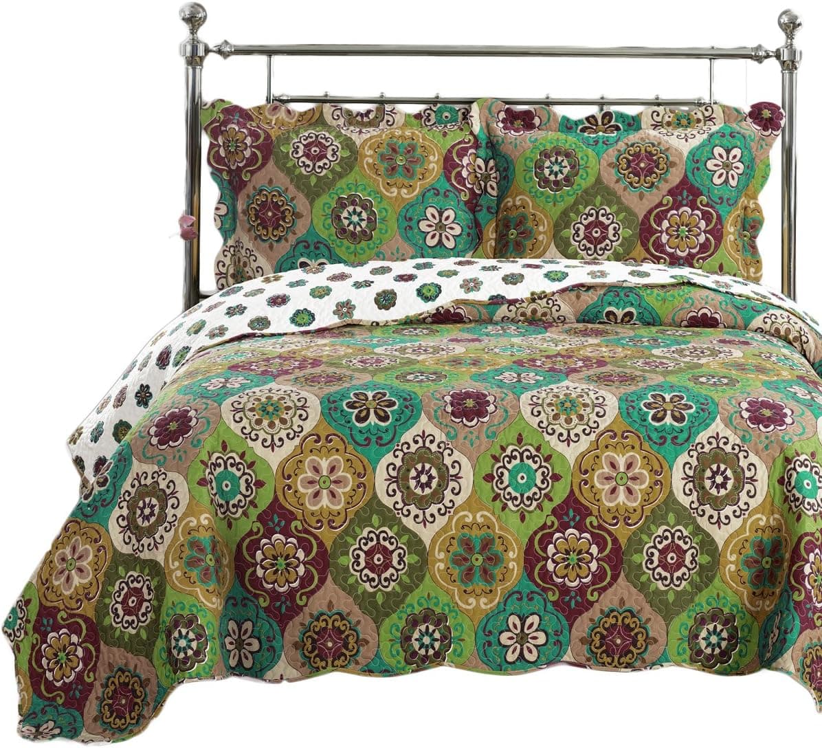 Royal Tradition Bonnie Printed Microfiber Oversized Twin-Twin XL 2PC Quilt Set, Shades of Green, Gold and Burgundy
