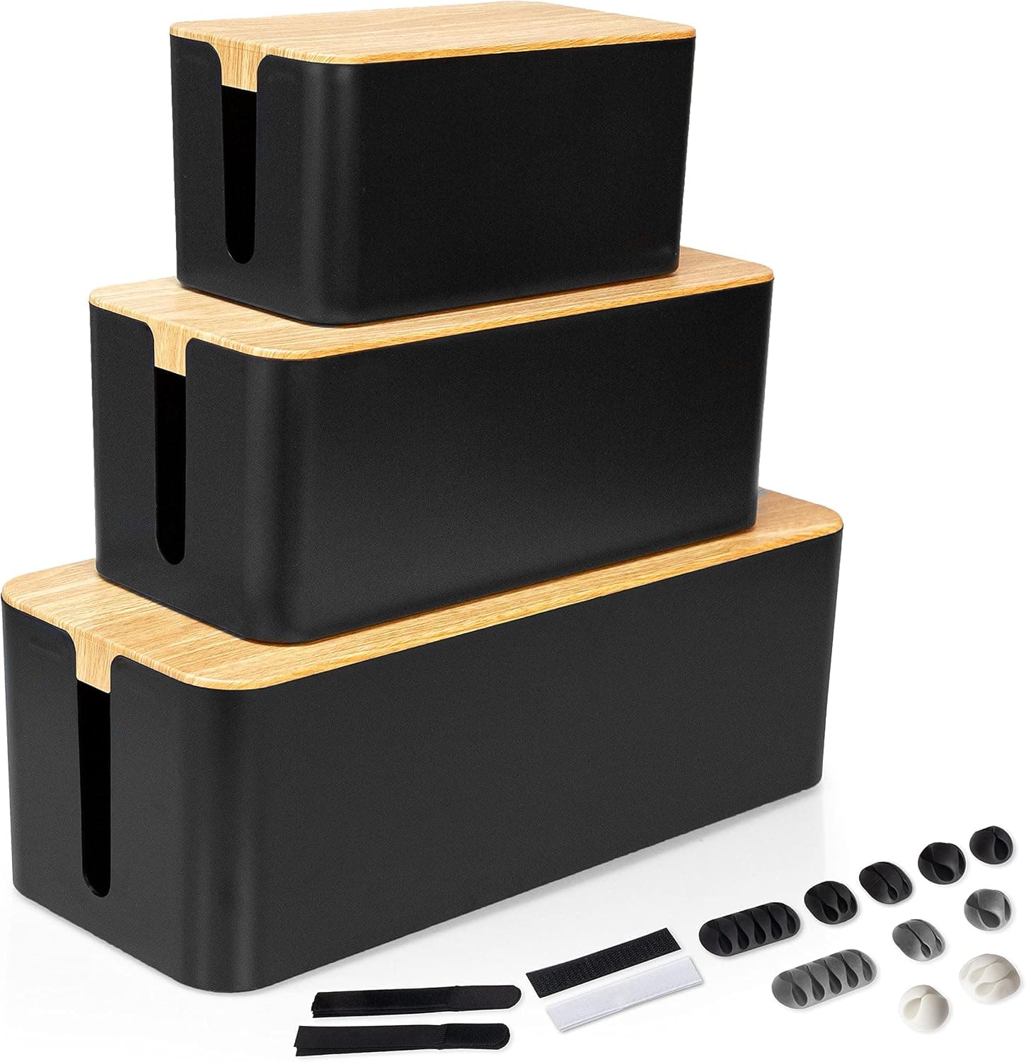 Cable Management Box, 3 Pack - Black Cord Organizer with Wood Top - Hider for Wires, Power Strips, Surge Protectors & More - Includes Accessories