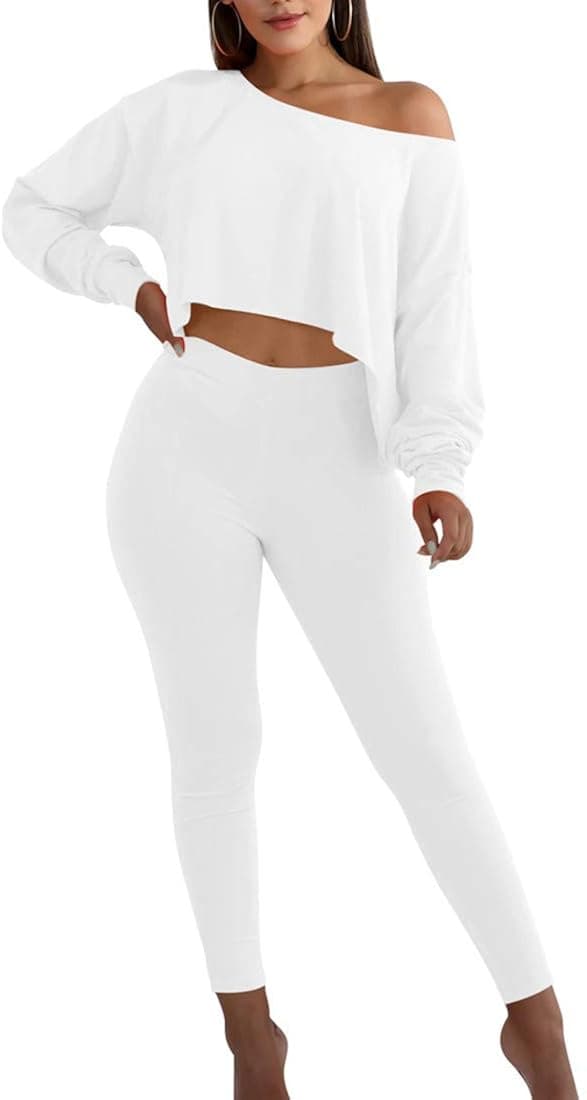 BORIFLORS Women's Causal 2 Piece Outfits Jumpsuits Long Sleeve Crop Tops T Shirt with Long Pants Set