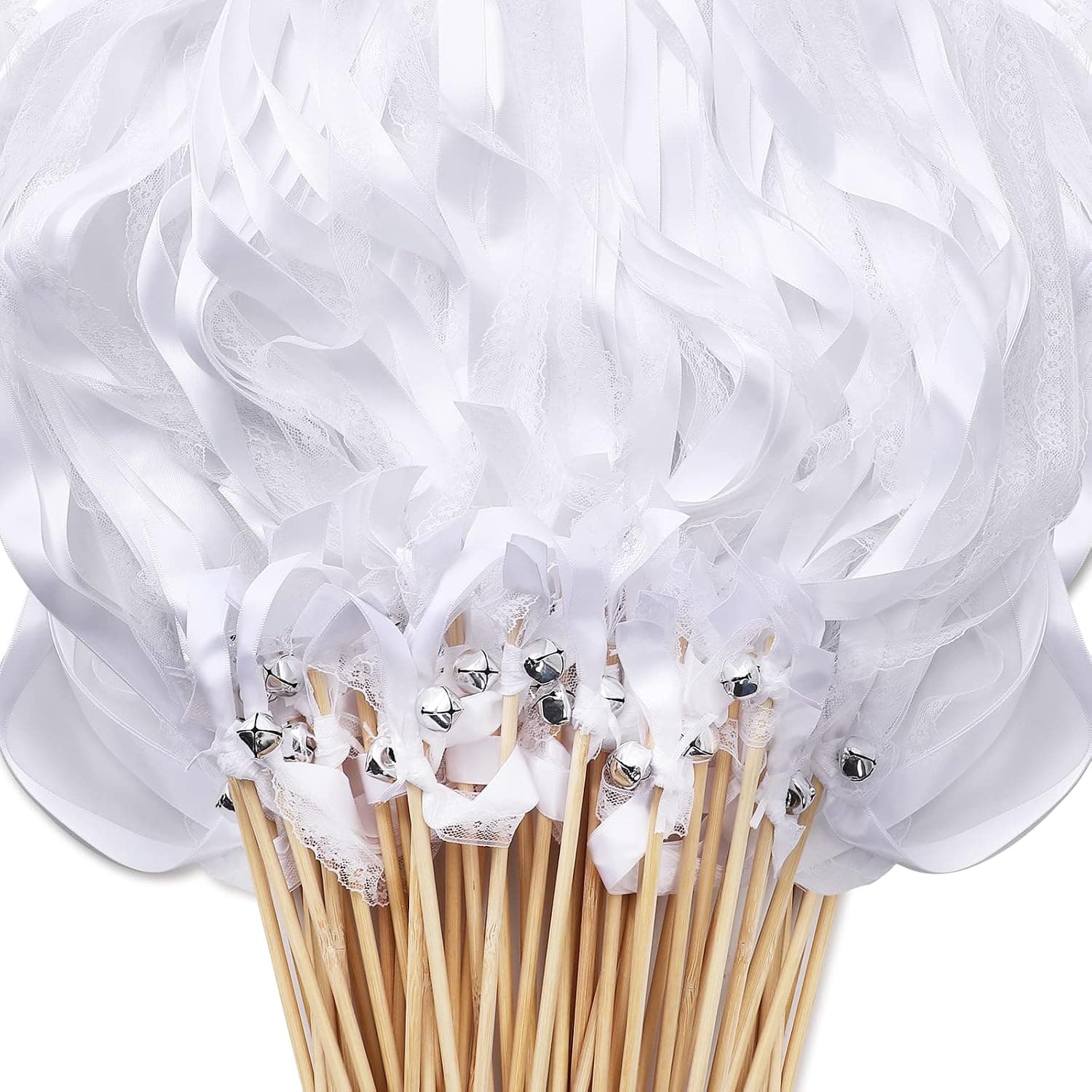 30pack White Wedding Wands,Lace Ribbon Sticks for Wedding Send Off,White Party Ribbon Streamers with Bells Silk Fairy Stick Wands for Wedding, Party, Holiday, Activities,Celebrate