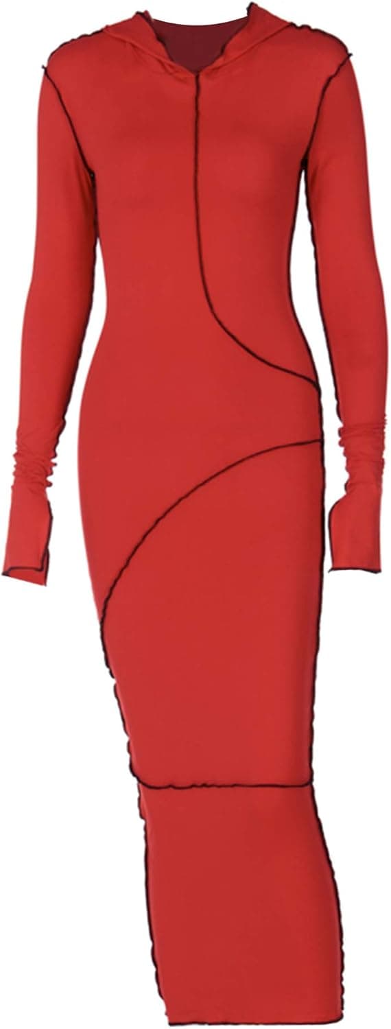 Mistshopy Women Casual Long Sleeve Hooded Patchwork Skinny Maxi Dress Bodycon Dresses