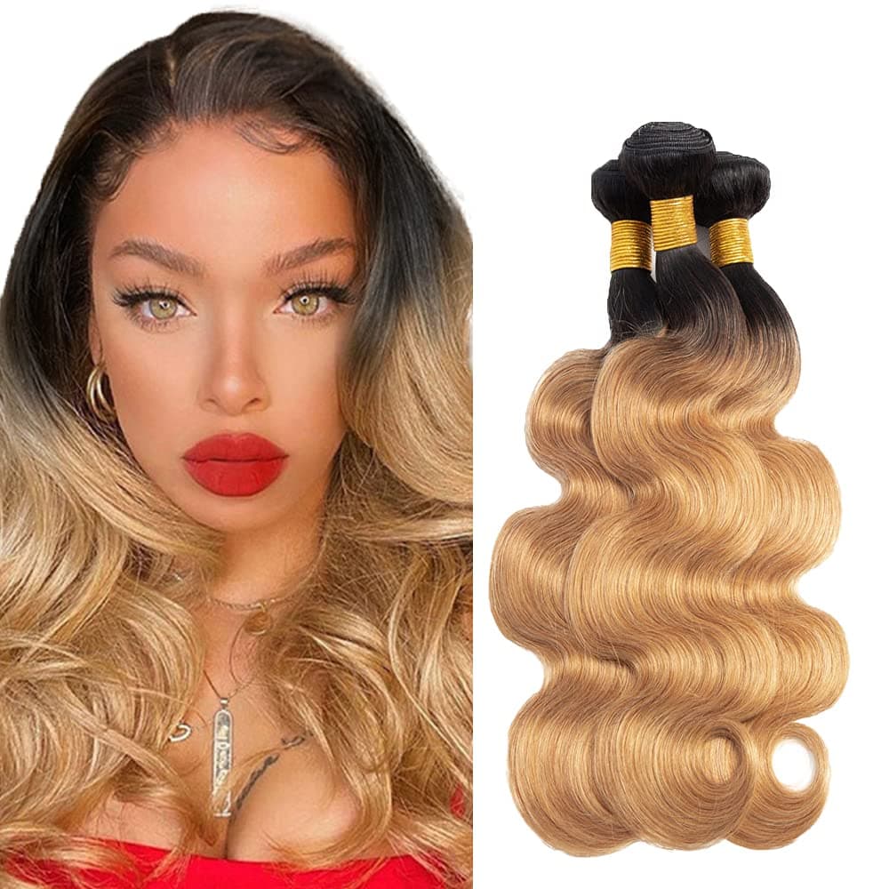AuokMar 1b/27 Ombre Hair Extensions Body Wavy Unprocessed Human Hair Cheap Hair Bundles 1b/27 Human Hair Bundles Blonde And Black Brazilian Hair Bundles 3 Bundle 100g/bundle （26 28 30 inches）