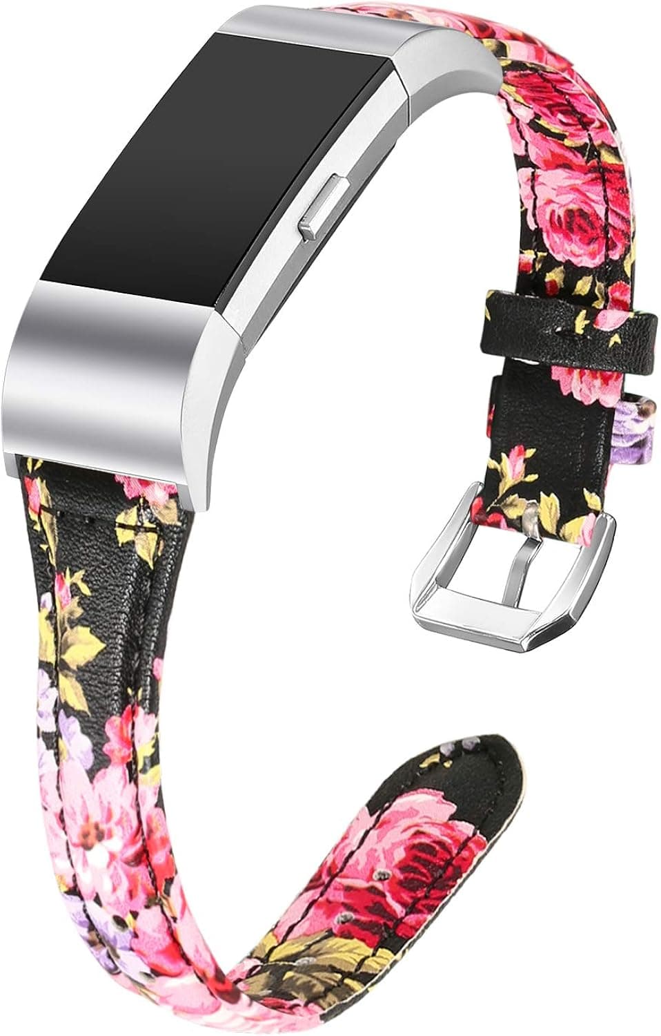 bayite Bands Compatible with Fitbit Charge 2, Slim Genuine Leather Band Replacement Accessories Strap Charge2 Women Men, Black/Pink Floral Large