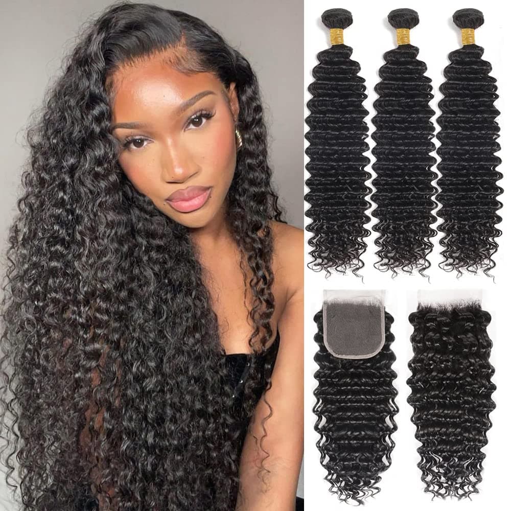 Brazilian Deep Wave Bundles with Closure 100% Virgin Human Hair Deep Curly Wave 4 Bundles with Free Part 4x4 Swiss Lace Closure Pristine Wet and Wavy Hair Bundles with Closure Deep Wave Bundles(20 22 24 26+18)