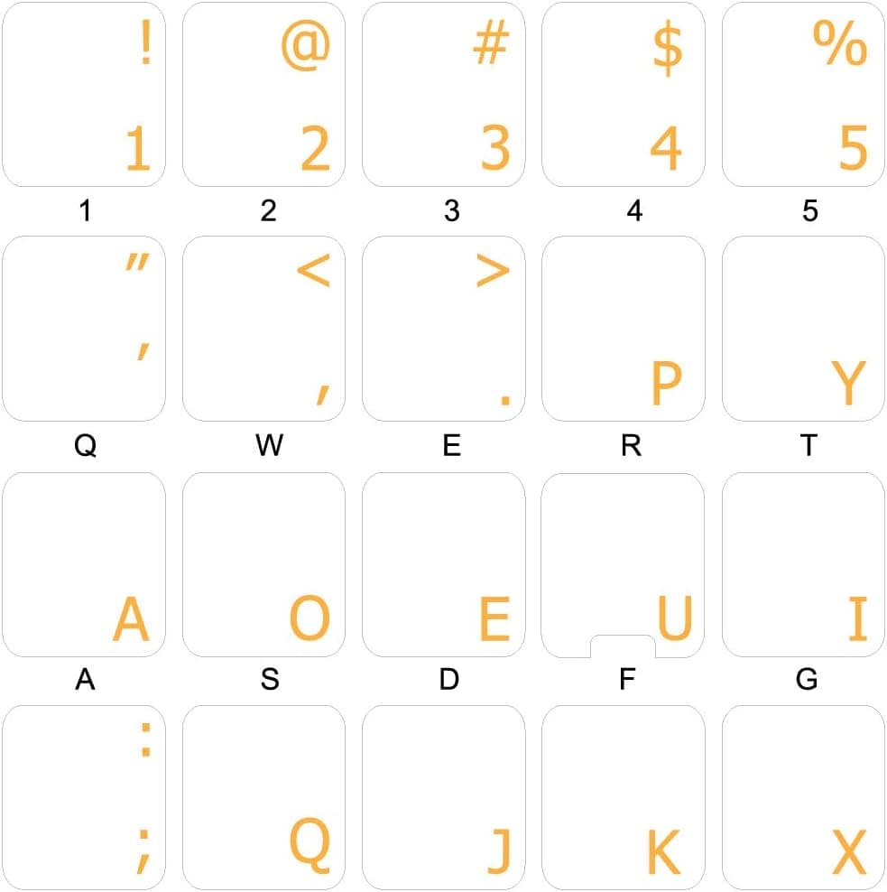 4Keyboard Dvorak Simplified Keyboard Stickers with Orange Lettering ON Transparent Background for Desktop, Laptop and Notebook