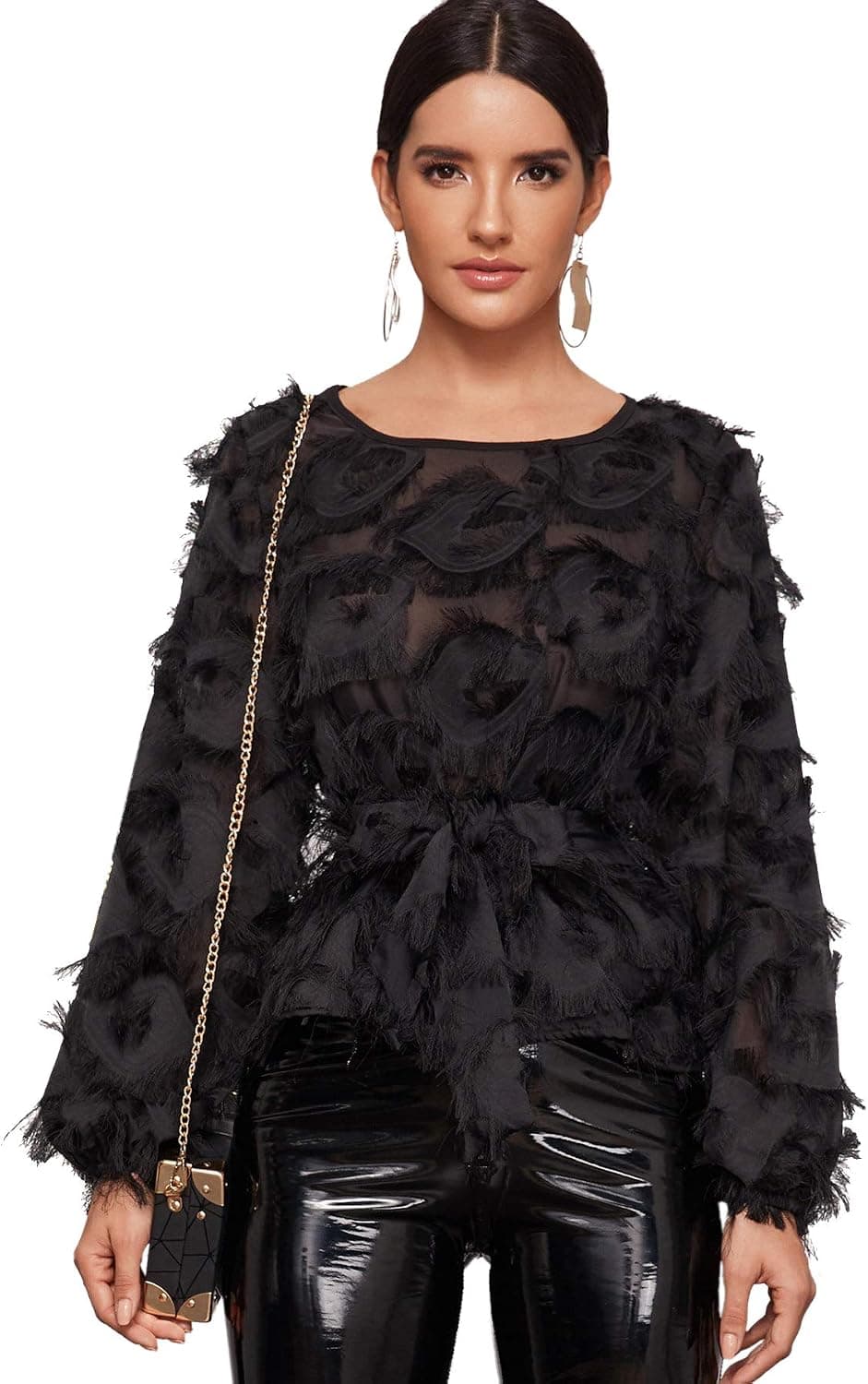 Romwe Women's Casual Round Neck Fringe Patch Long Sleeve Mesh Top