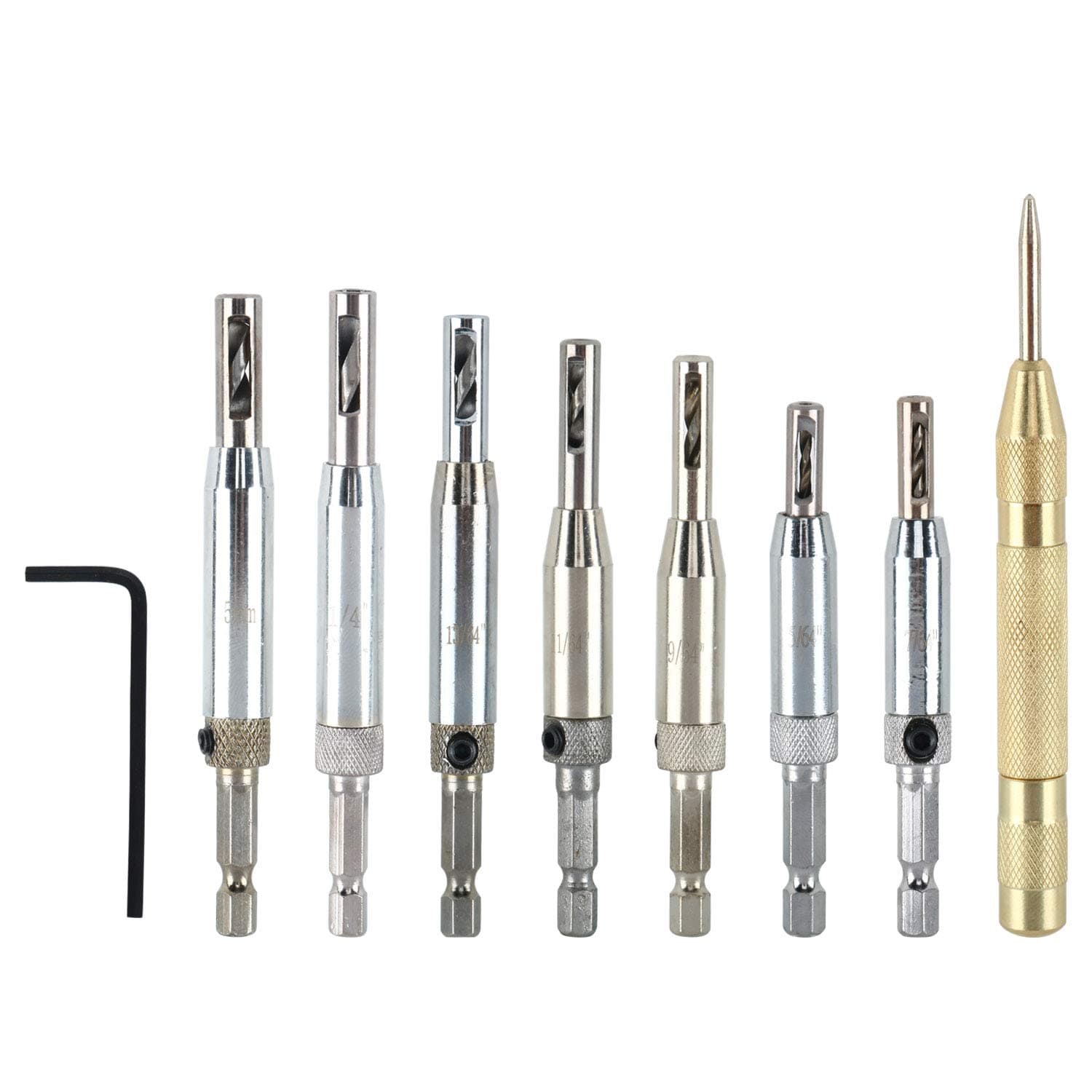 YaeTek Door Drill Bit Set with 5 inch Automatic Spring Loaded Center Punch 7 Pcs Door Self-Centering Hinge Tapper Core Drill Bit 5/64", 7/64",9/64",11/64",13/64",1/4",5mm Hole Puncher Woodworking Tool