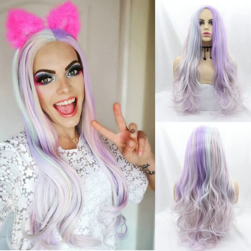 Yinuozhogntian Ladies Cosplay Holidays Piano Pastel Pink Purple Blue Green Lilac Peach Mixed Color Mermaid Synthetic Wigs Long Wave Hair 22"