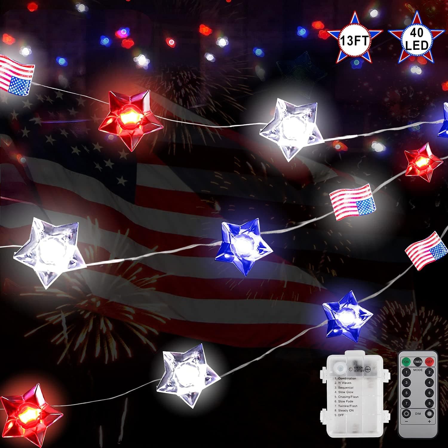4th of July Decorations Outdoor String Lights, 13ft 40 LED Red White and Blue Lights Battery Operated Fairy Star American Flag Lights Independence Day Waterproof Patriotic Lights with Timer & Remote