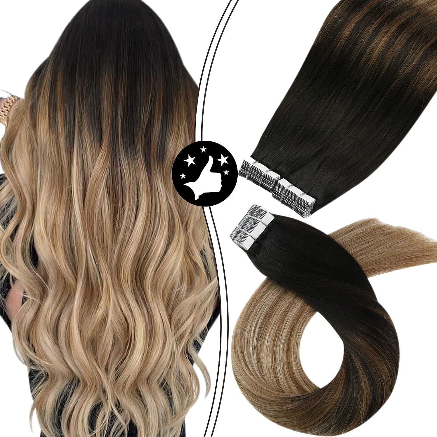 [CLEARENCE]Tape in Hair Extensions Moresoo Tape Hair Extensions Rooted 40pcs 100g 22Inch Brown Highlighted Balayage Hair Extensions Black to Blonde Hair Extensions Seamless Skin Weft Hair Extensions Remy Hair