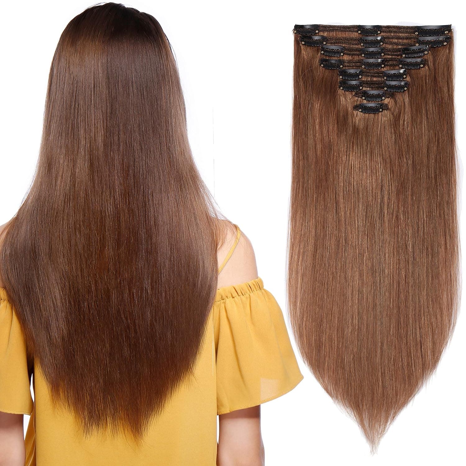s-noilite110-160g Thick 10-22" True Double Weft Grade 7A 100% Clip in Remy Human Hair Extensions Full Head 8 Piece 18 Clips (18"-140g #6 Light Brown)