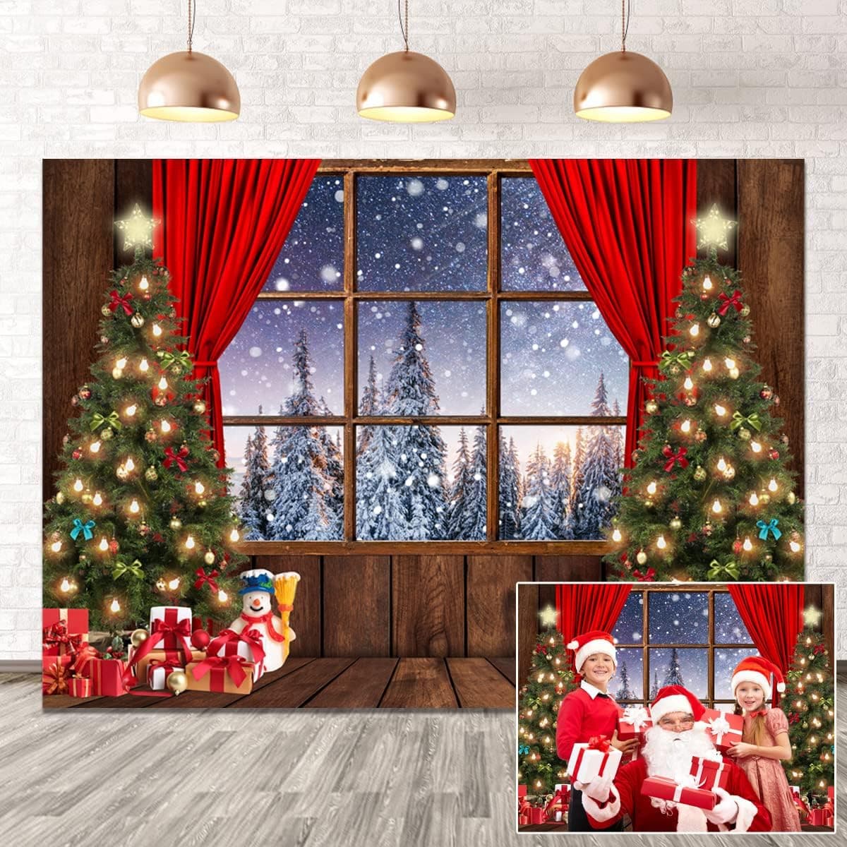 DHXXSC 8X6FT Christmas Backdrop Christmas Tree Gift Toy Wood Floor Backdrop Winter Snow Forest Window View Christmas Photography Background Party Children Adult Photo Shoot Studio Props DH-219