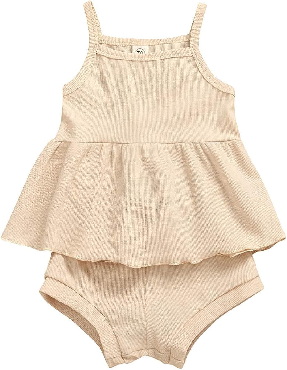 Newborn Baby Girl Summer Short Set Ruffle Dress Top and Pants 2Pcs Outfits Sunsuit Set (Beige, 18-24 Months)