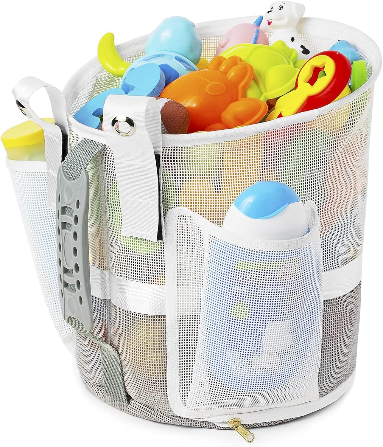 Quick Scoop Mesh Bath Toy Organizer for Tub with YKK Zipper，Multiple Ways to Hang, Ultra Large Capacity & Large Opening, Bathroom Toy Holder, Baby Bath Toys Storage Bag with 2 Side Pockets ( White )