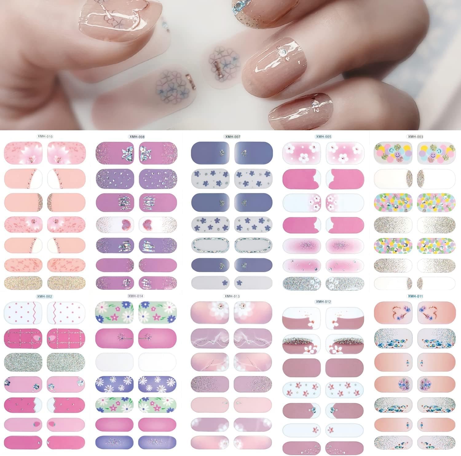 Glitter Flower Nail Polish Strips Luxury Daisy Heart Color Nail Wraps Stickers Self-Adhesive Spring Pattern Nail Decals Kit with Nail File As Gifts for Girl Women Manicure Tips (10 Sheets)