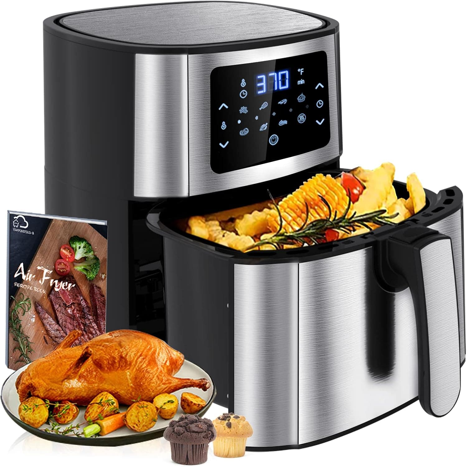 Air Fryer, Moochain XL 6 Quart Electric Hot Oilless Oven with LCD Touch Screen has 8 Cooking Presets, Adjustable Time and Temperature, Non-stick Basket Easy Clean, ETL Certified (72 Recipe Included)
