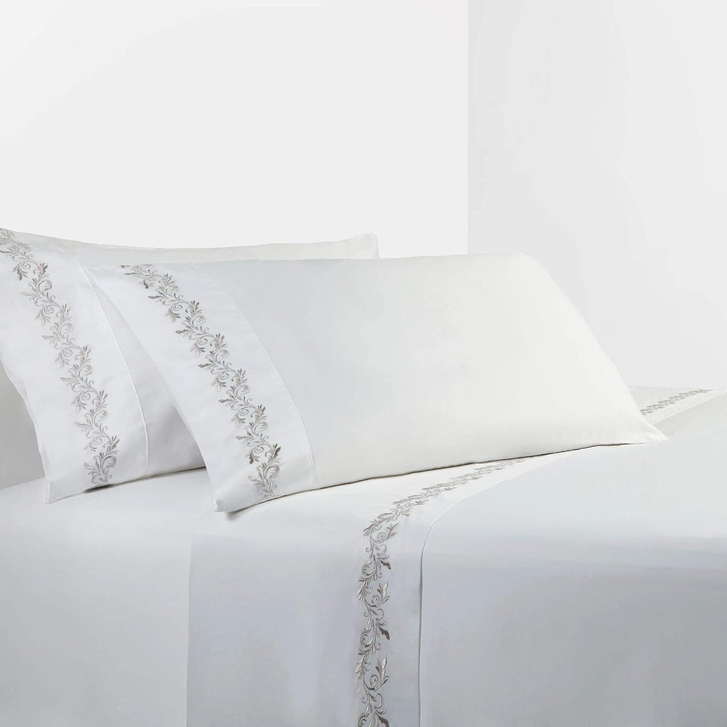 HiEnd Accents Bordered 350 Thread Count 4-PC Cotton Bed Sheet Set, Queen, White w/Silver Scroll