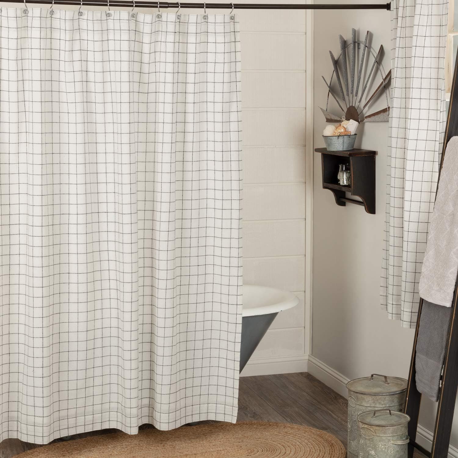 Springhouse Semi Sheer Lined Shower Curtain, Black & Antique White, 72" W x 72" L, Primitive, Vintage, Farmhouse, Lightweight, Bath Curtain, Windowpane Check