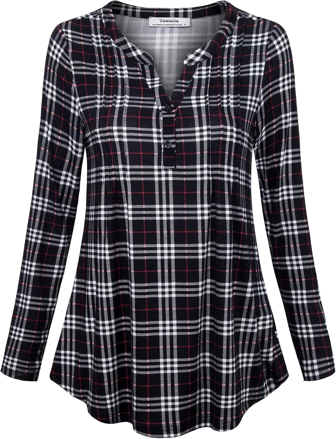 Youtalia Button Down Blouses for Women, Ruched Front Lattice Graphics Street Out Wear Tops Lightweight Casual Black Red M