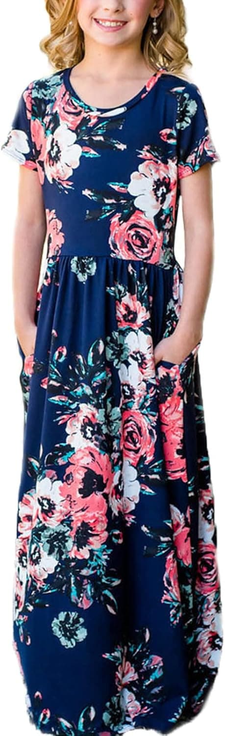 21KIDS Girl Maxi Dress Floral Short Sleeve Dresses with Pockets for Girls 6-14 Years