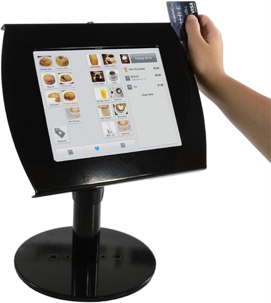 iPad Stand for Counter with Square Bracket for Mobile Credit Card Readers, Perfect for POS System, Rotating and Tilting Bracket, Covered Home Button, Black, Steel