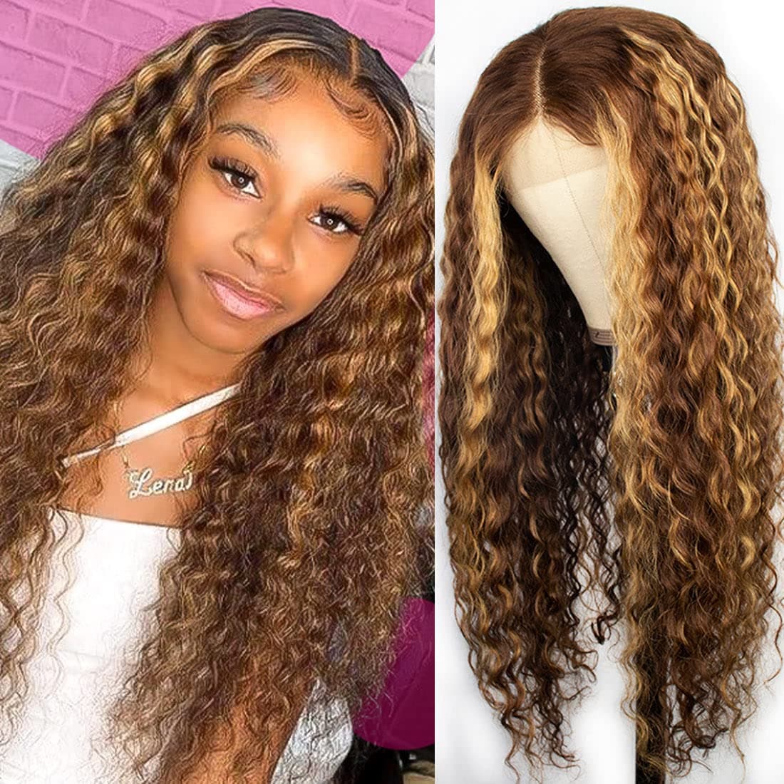 RQY Highlight Ombre Curly Lace Front Wig Human Hair P4/27 Honey Blonde Glueless Lace Closure Wig Human Hair (20inch) 4x4 Wet and Wavy Wigs Human Hair for Black Women 150% Density