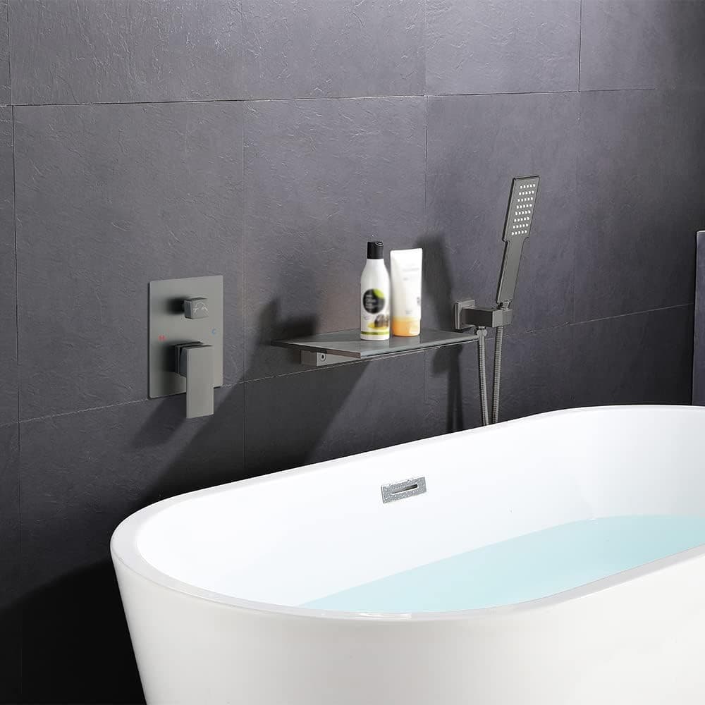 JiaYouJia Waterfall Wall Mounted Bathtub Faucet with Handheld shower Modern Single Handle Tub Filler Solid Brass in Gunmetal Gray (Gunmetal Gray)