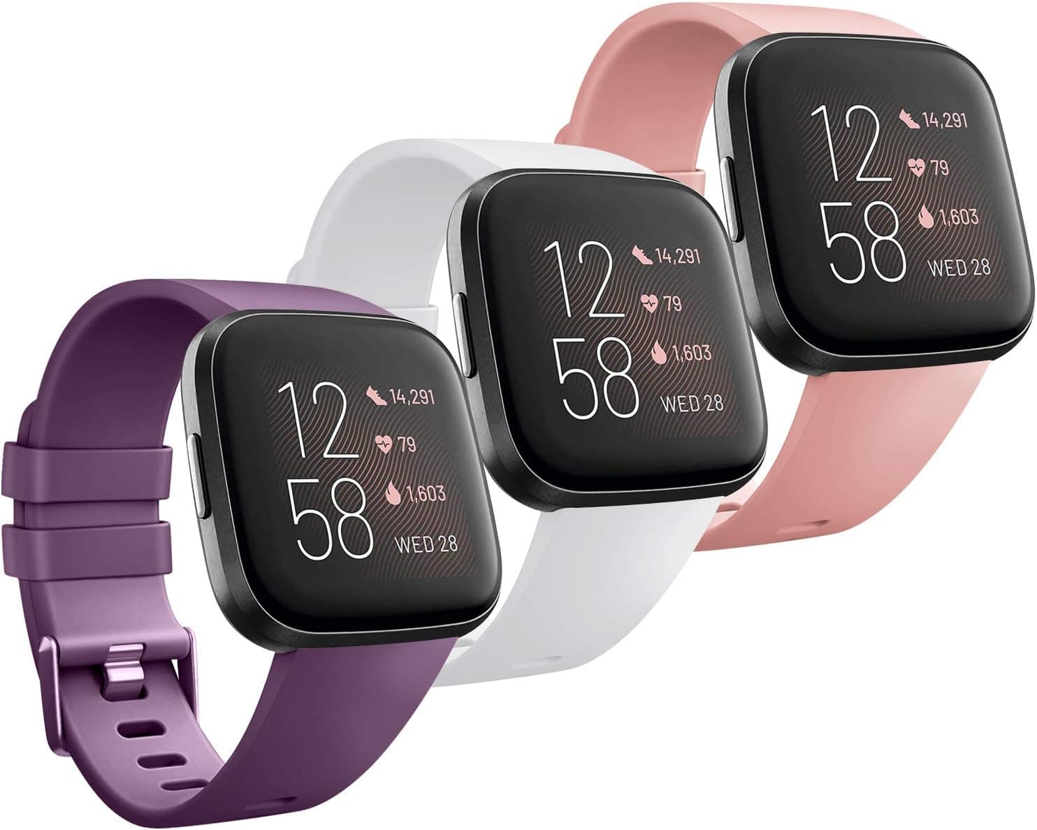 [Pack 3] Silicone Bands Compatible with Fitbit Versa 2 Bands for Women Men, Classic Adjustable Sport Bands for Fitbit Versa (Small for 5.5" - 7.1" Wrist, Purple, White, Peach)