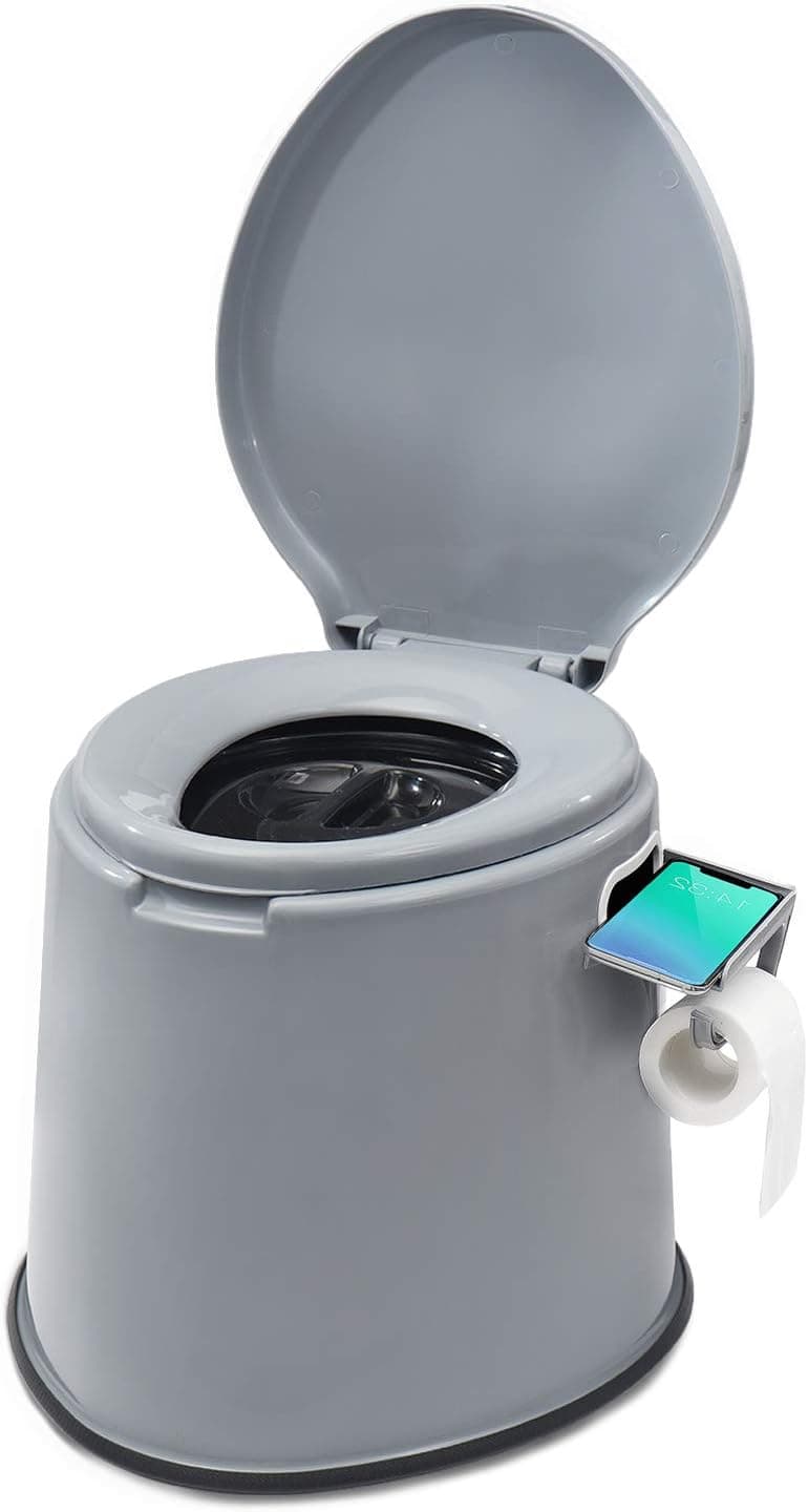 Portable Camping Toilet Composting Potty Lugable Loo for Adults Campers Bucket Toilet Seat with Removable Cellphone&Toilet Paper Holder,2 Kinds Buckets for Camping RV,Car,Travel,Home-Black，Gray