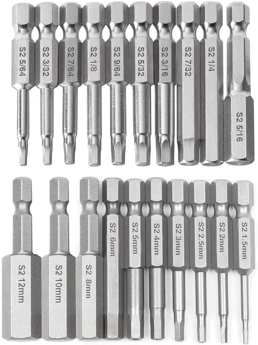 Bestgle 20pcs 1/4 Inch Hex Shank Hex Head Screwdriver Bit Set (10pc Metric & 10pc SAE) Magnetic Hex Head Allen Wrench Drill Bit Set, 2.36inch 60mm Length