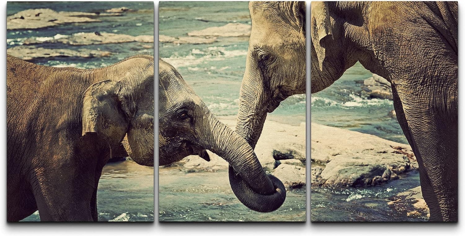 wall26 Canvas Print Wall Art Set Elephants Holding Trunks in Sri Lanka Nature Wilderness Photography Realism Rustic Scenic Colorful Multicolor for Living Room, Bedroom, Office - 16"x24"x3 Panels