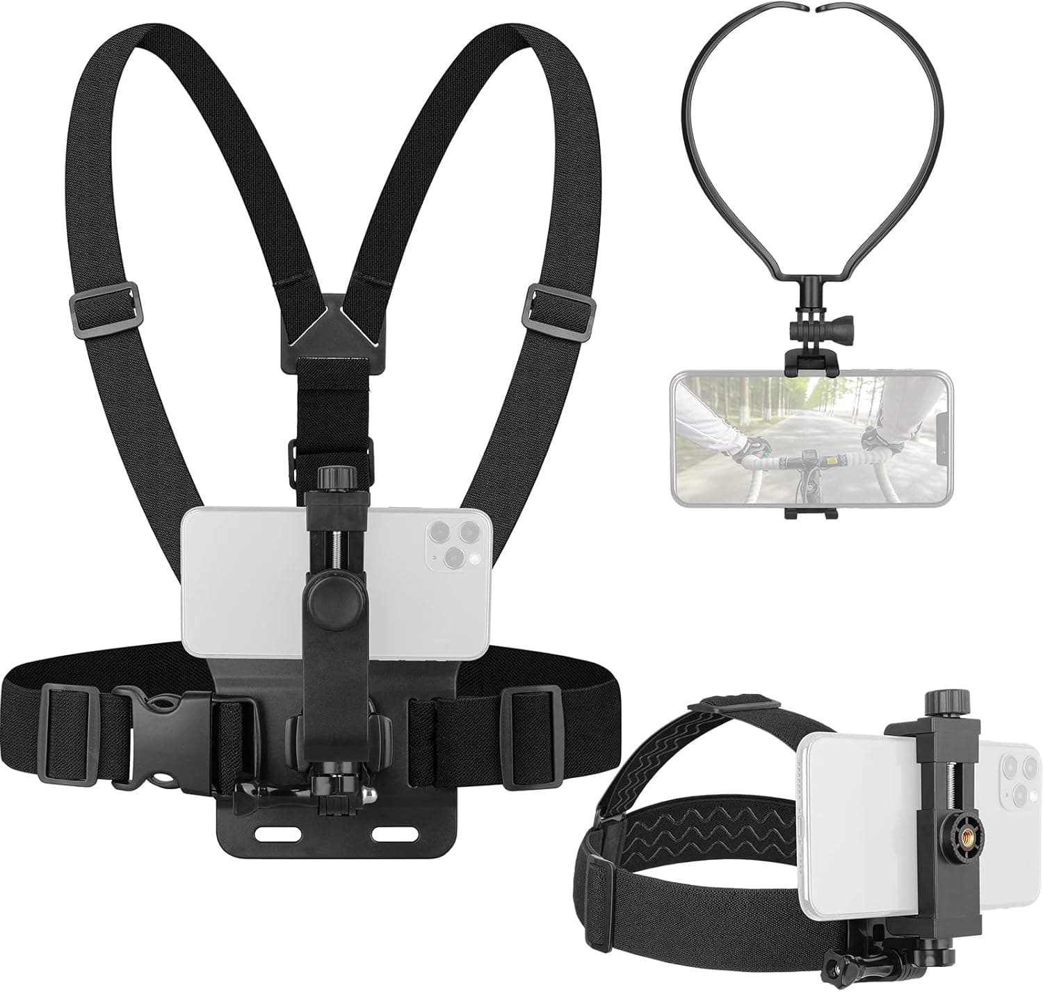 ChromLives Phone Strap Mount Set, Phone Chest Strap Mount+Phone Head Mount +Phone Neck Holder,3 in 1 Hands Free Phone Holder for Neck Head Chest Compatible with iPhone,Gopro Hero and More