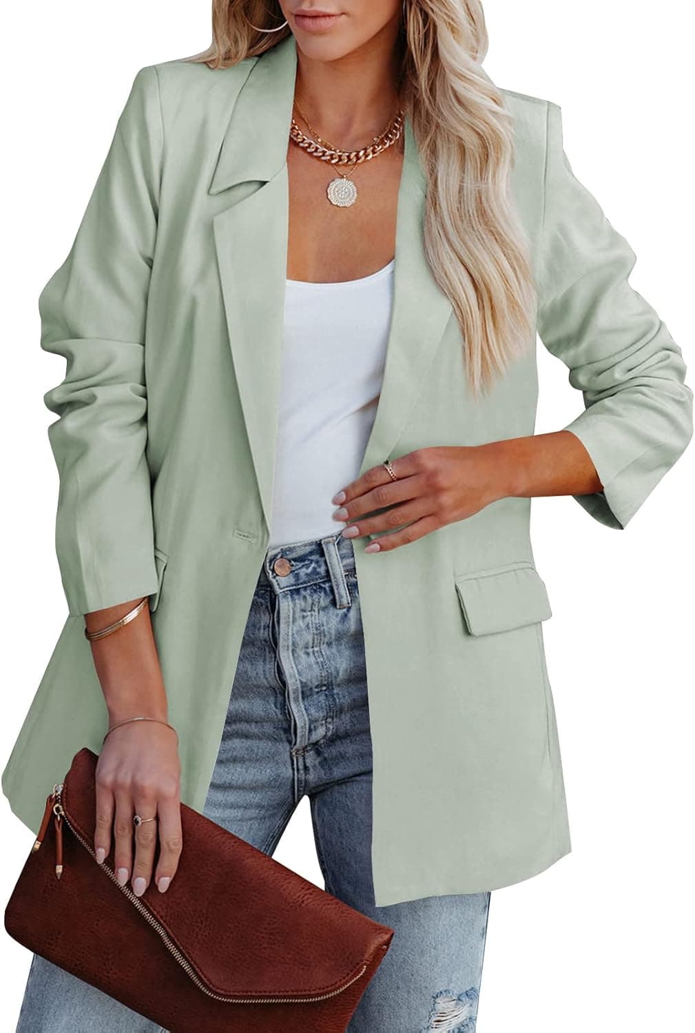 Tankaneo Womens Casual Lapel Blazers Long Sleeve Open Front Single Button Suit Jacket Elegant Work Office Blazer Jacket