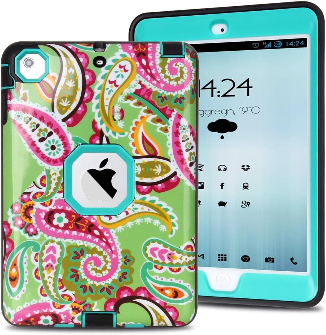 MAKEIT CASE iPad Mini Case [Paisley Flower Pattern] 3in1 Hybrid Shockproof Hard Plastic with Soft TPU Triple Layer Armor Full Body Protective Case Cover for iPad Mini 1 2 3 (Flower Green)