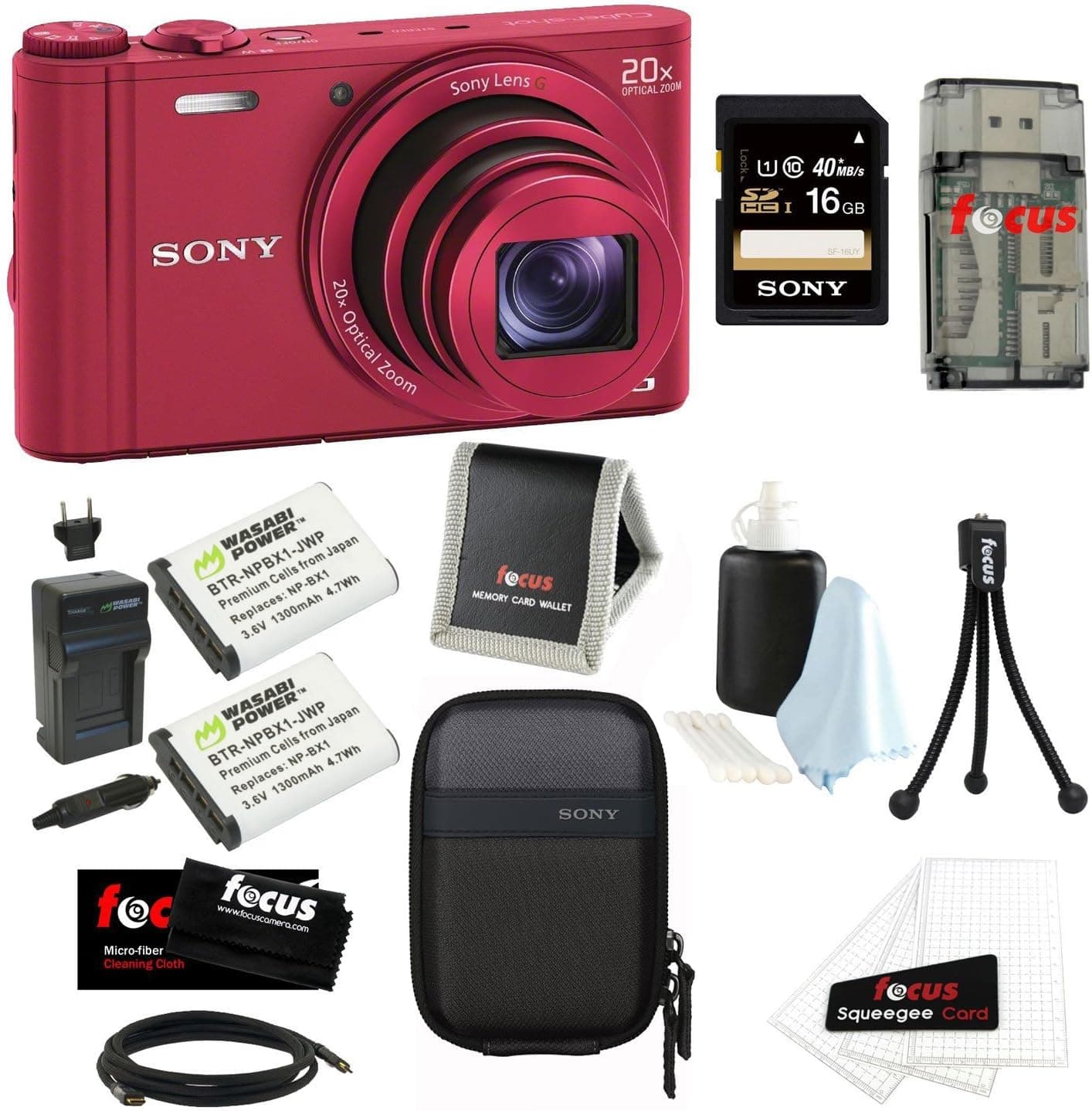 Sony DSC-WX300/R 18 MP Digital Camera, 20x Optical Image Stabilized Zoom, 3” LCD (Red) Bundle, Sony 16GB SDHC Memory Card, Case, Replacement Battery, Charger Kit for Sony NP-BX1