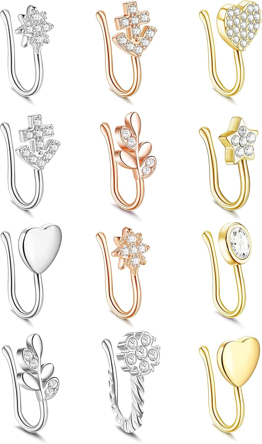 Besteel 12Pcs Nose Cuff Non Piercing for Women Faux Nose Rings Hoop Clip On Nose Cuff Adjustable