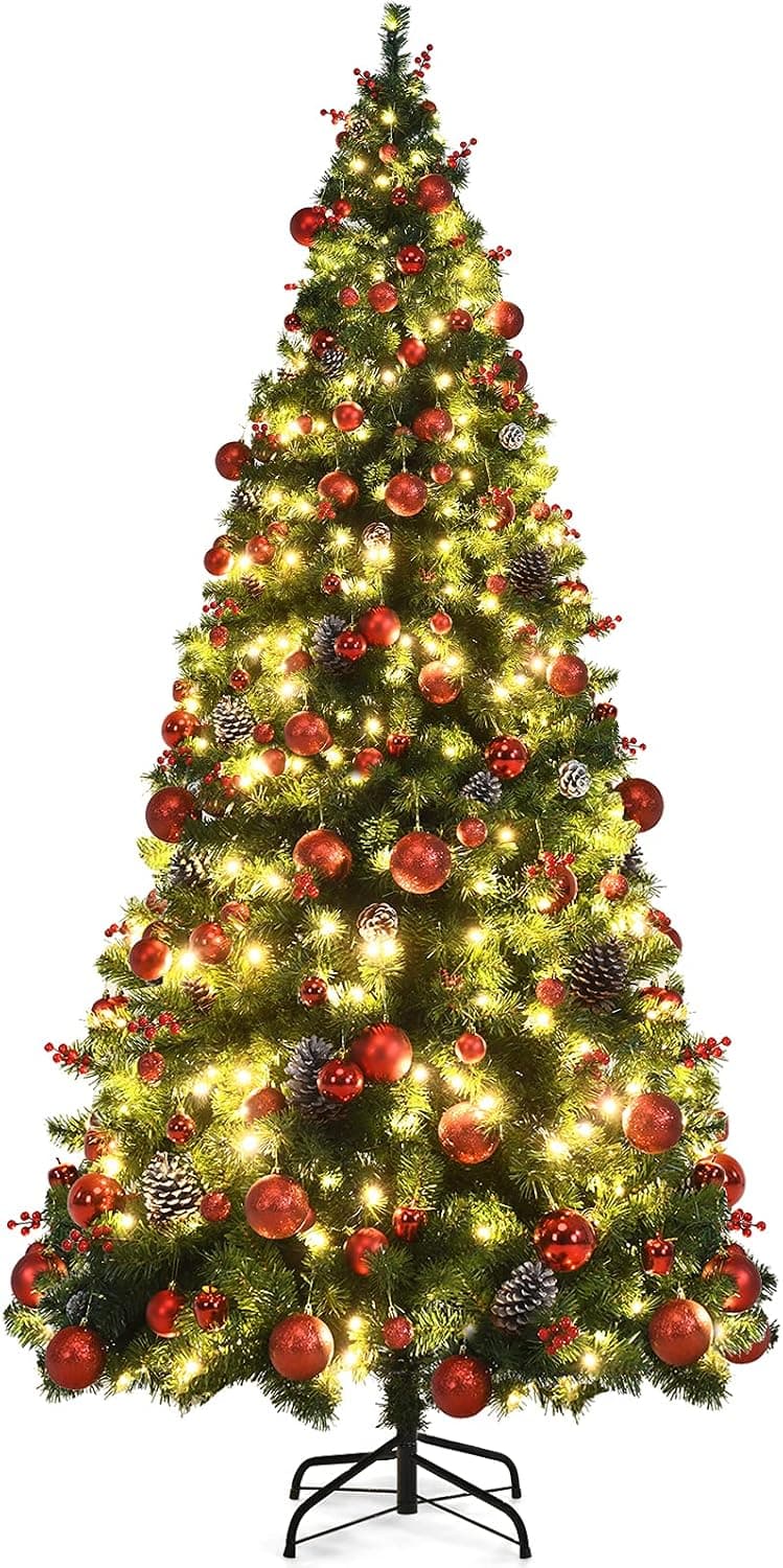 Goplus 7ft Pre-lit Artificial Christmas Tree, Hinged Fake Xmas Tree w/ 212 PCS Ornaments & 1178 PVC Tips, 350 LED Lights, Ideal for Indoor Festival Holiday Decoration