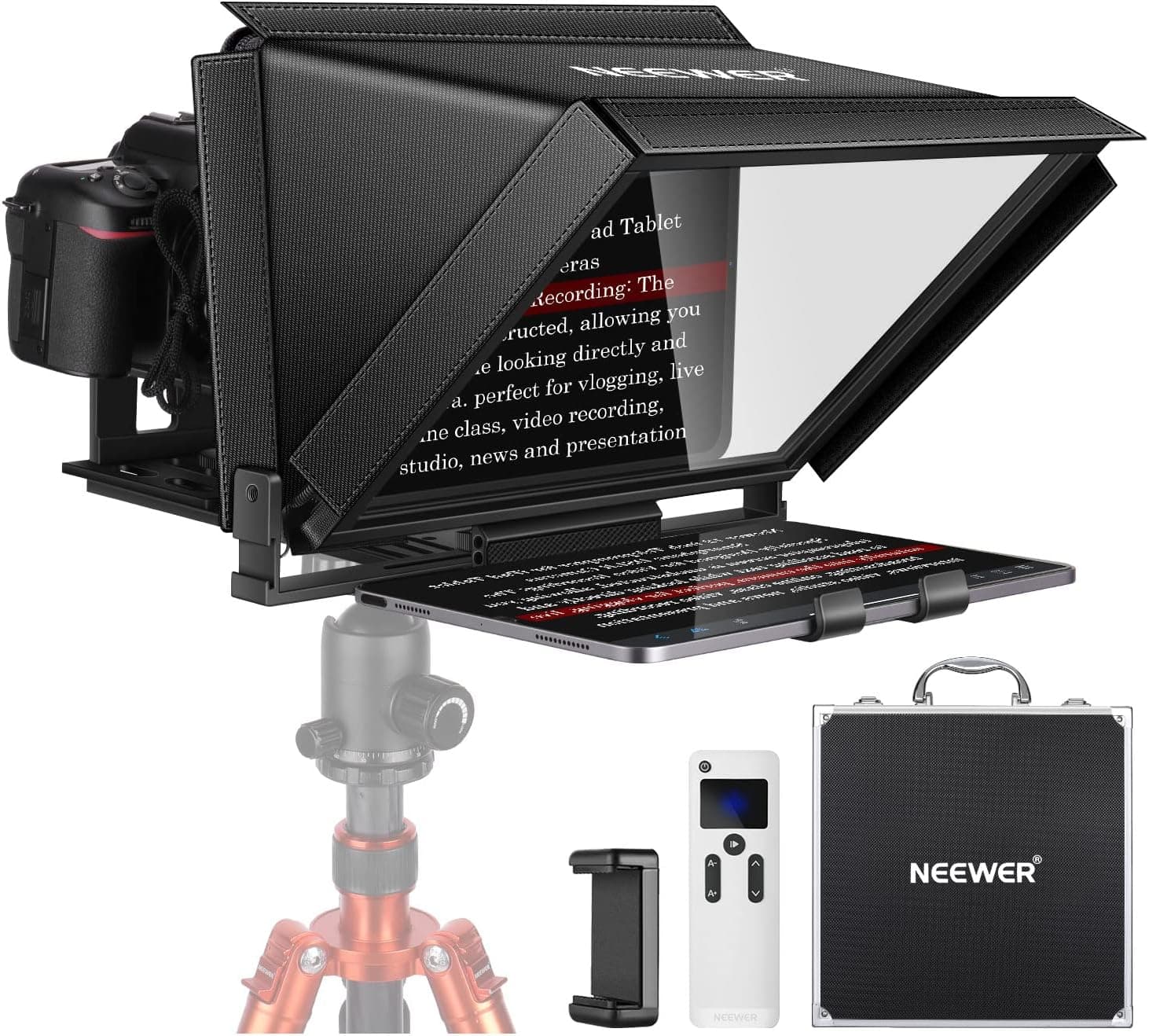NEEWER X12 Aluminum Teleprompter with RT-110 Remote Control (Connected via Bluetooth on NEEWER Teleprompter App) & Carry Case, Compatible with iPad, iOS/Android Tablets, Smartphones, DSLRs (Black)