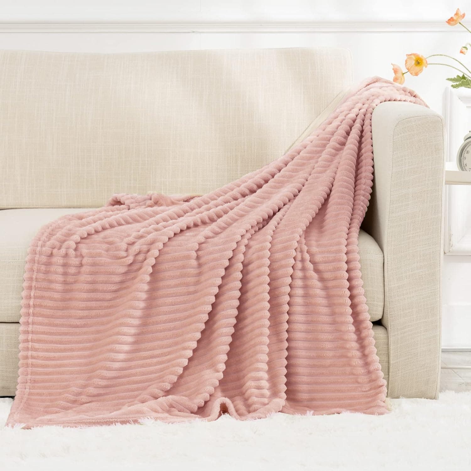 RECYCO Fleece Throw Blanket for Couch, Super Soft Cozy Fuzzy Decorative Blankets and Throws with Striped Pattern for Sofa, Lightweight Ribbed Plush Pink Throw Blanket for Bed 50"x60"